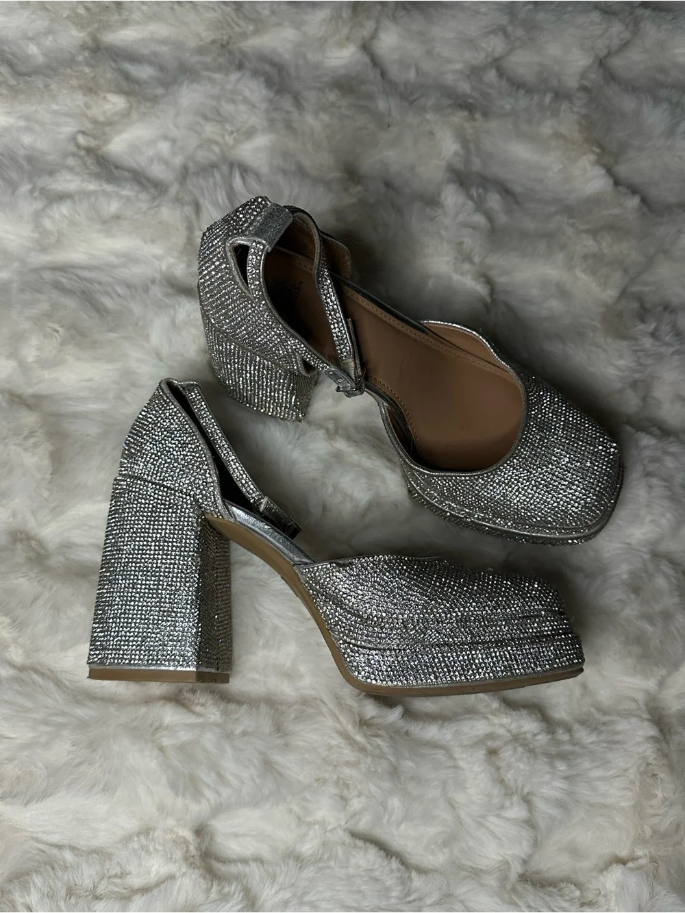 Dolls Essential Sparkling Silver Block Heel Sandals with Ankle Strap